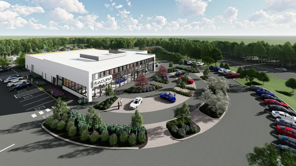 A modern commercial building, home to a Maine engineering firm, with a large sign, landscaped gardens, parked cars, and trees under a partly cloudy sky.