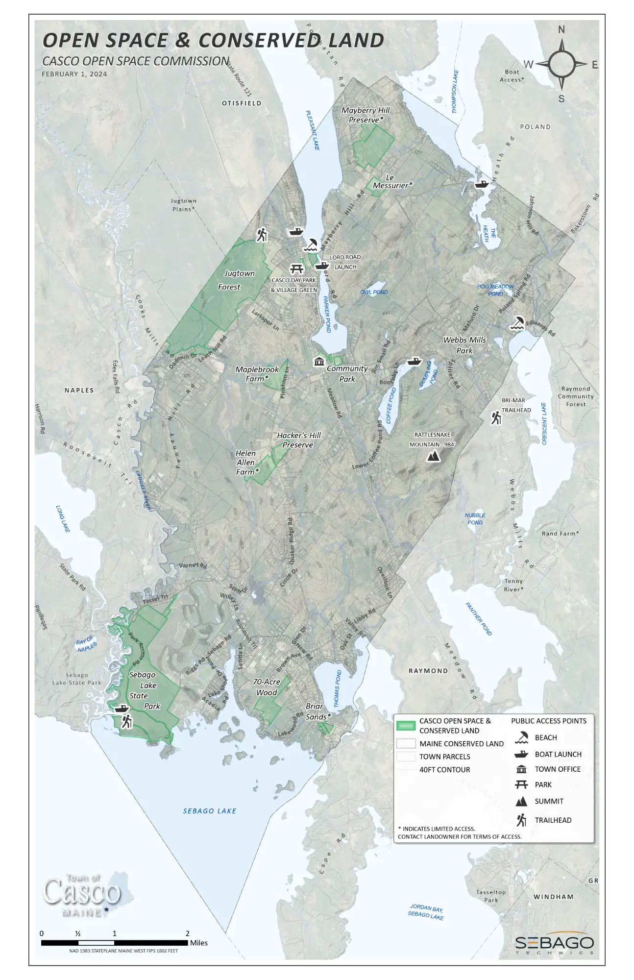 Map of Casco, Maine showing open space and conserved land areas in green, bodies of water, public access points, trails, roads, and key landmarks as of February 2024.