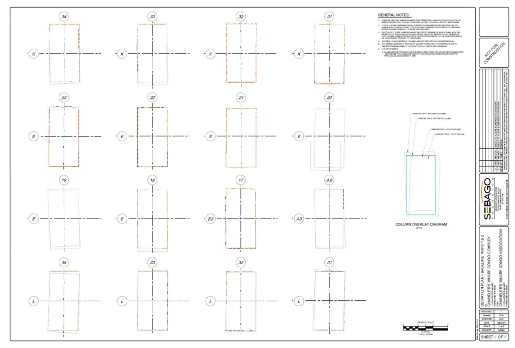CHANDLER’S WHARF 3 - Sebago Technics Engineering drawing showing 16 column layout details, labeled A1–D4, with notes, a legend, and a column overlay diagram on the right. Title block and sheet information appear on the right edge.