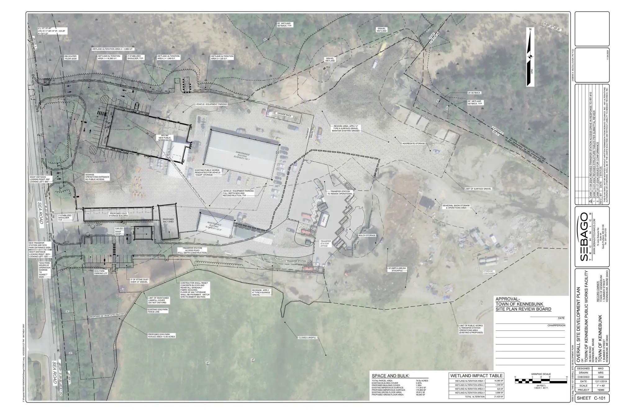 KENNEBUNK PUBLIC WORKS FACILITY-SMALL - Sebago Technics A detailed site plan of an outdoor area showing buildings, parking lots, pathways, landscaping, labels, and measurements; produced by SEBAGO Technics.