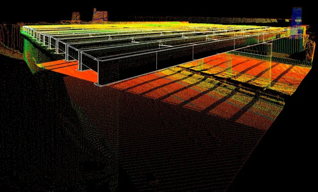 3D point-cloud view of a large elevated deck with white wireframe edges and a colorful gradient floor against a black background.