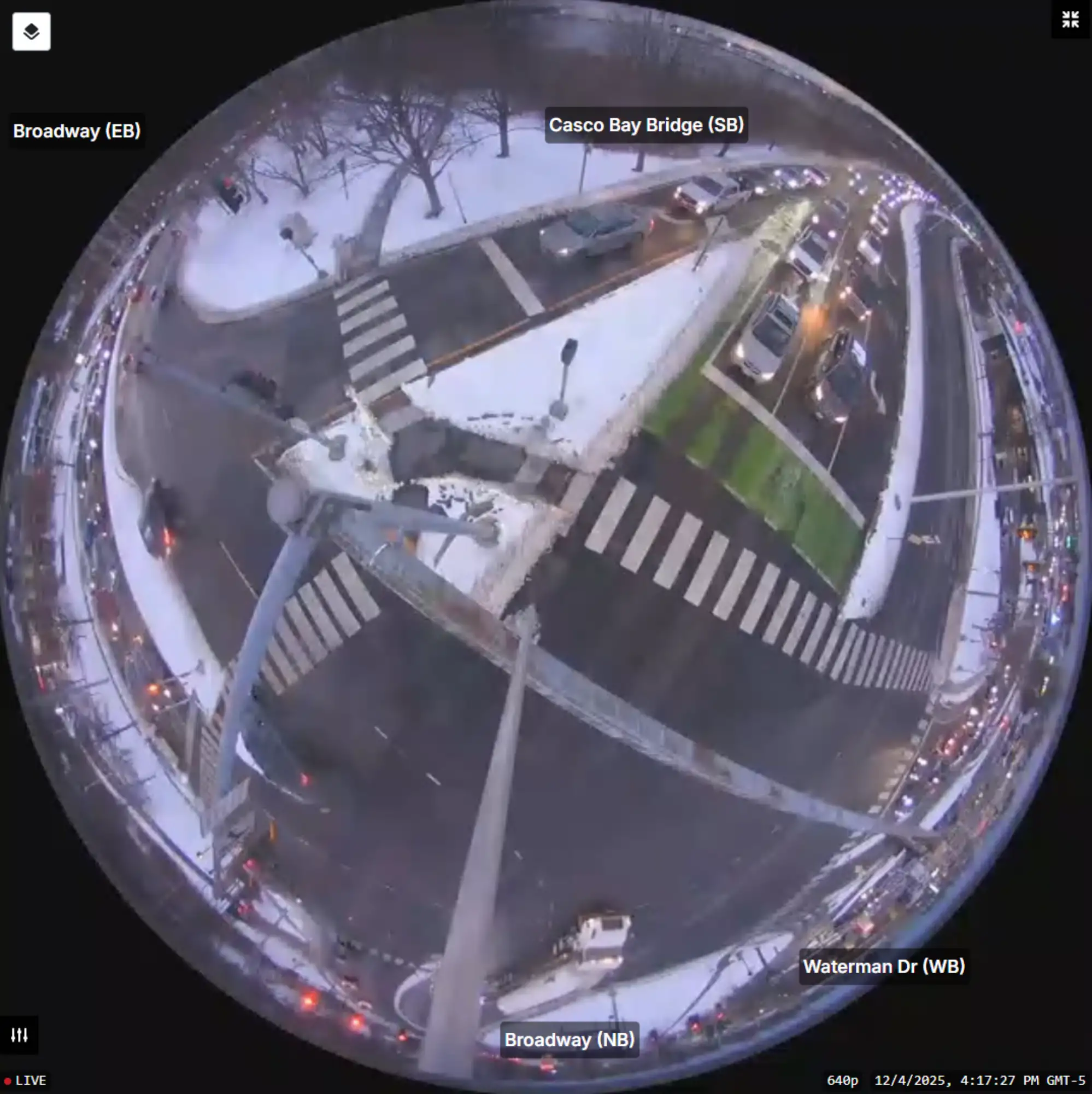 PACTS RTMS 2 - Sebago Technics Fisheye view of a snowy street intersection with crosswalks, cars, and traffic engineering features; roads labeled Broadway, Casco Bay Bridge, and Waterman Dr.