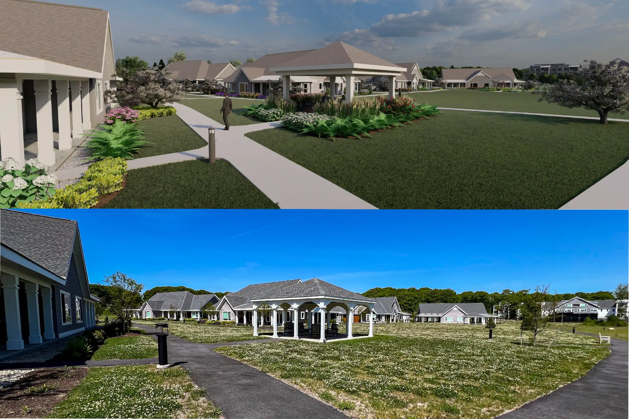 PIPER SHORES Virtual To Completion - Viewpoint 3 - Sebago Technics Two images showcase landscape architecture: the top is a computer rendering, and the bottom is a photo of finished buildings, gazebo, sidewalks, and green spaces under a blue sky.