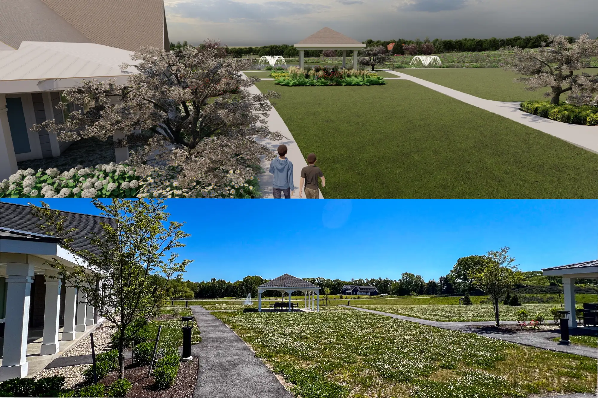 PIPER SHORES Virtual To Completion - Viewpoint 4 - Sebago Technics Two images, one a digital rendering and one a photo, showcase landscape architecture: a garden with paths, trees, a gazebo, and two people walking beneath a partly cloudy sky.