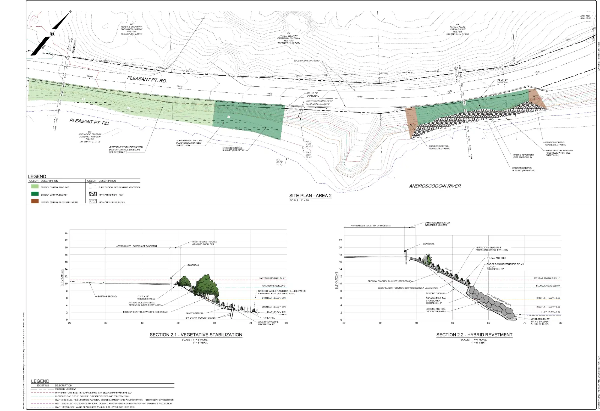 Engineering site plan using land surveying shows road, river, green and shaded project areas, plus cross-section diagrams detailing vegetative and hybrid streambank stabilization features.