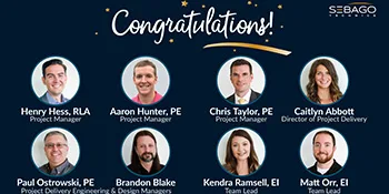 A congratulatory graphic featuring portraits and names of eight Sebago Technics employees recognized for project management at this leading Maine engineering firm.
