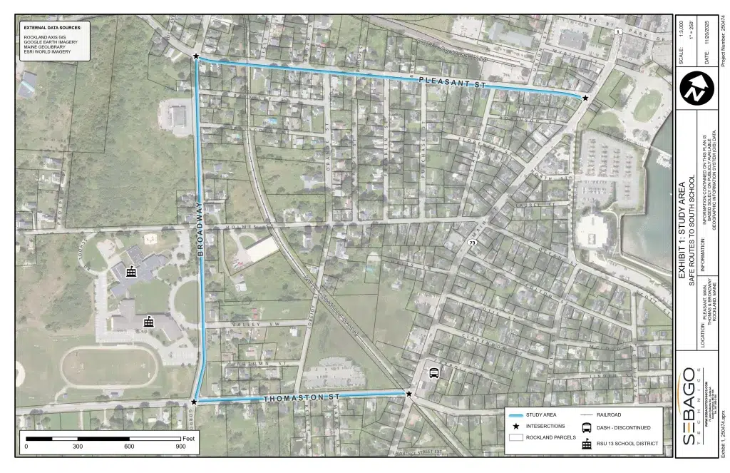 Aerial map showing the study area boundary in blue along Thomas Street and Pleasant Street with star markers at intersections in Rockland, MA.