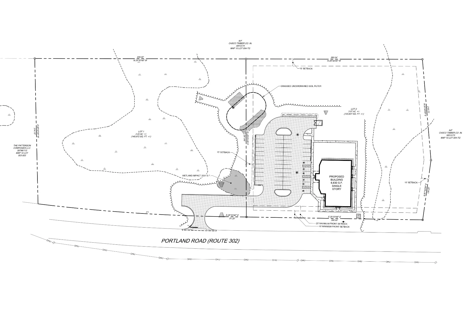 TEN LAKES MEDICAL WELLNESS CLINIC-3 - Sebago Technics Site plan drawing shows a building with adjacent parking lot, driveways, and surrounding landscaping, bordered by Portland Road (Route 302) at the bottom.