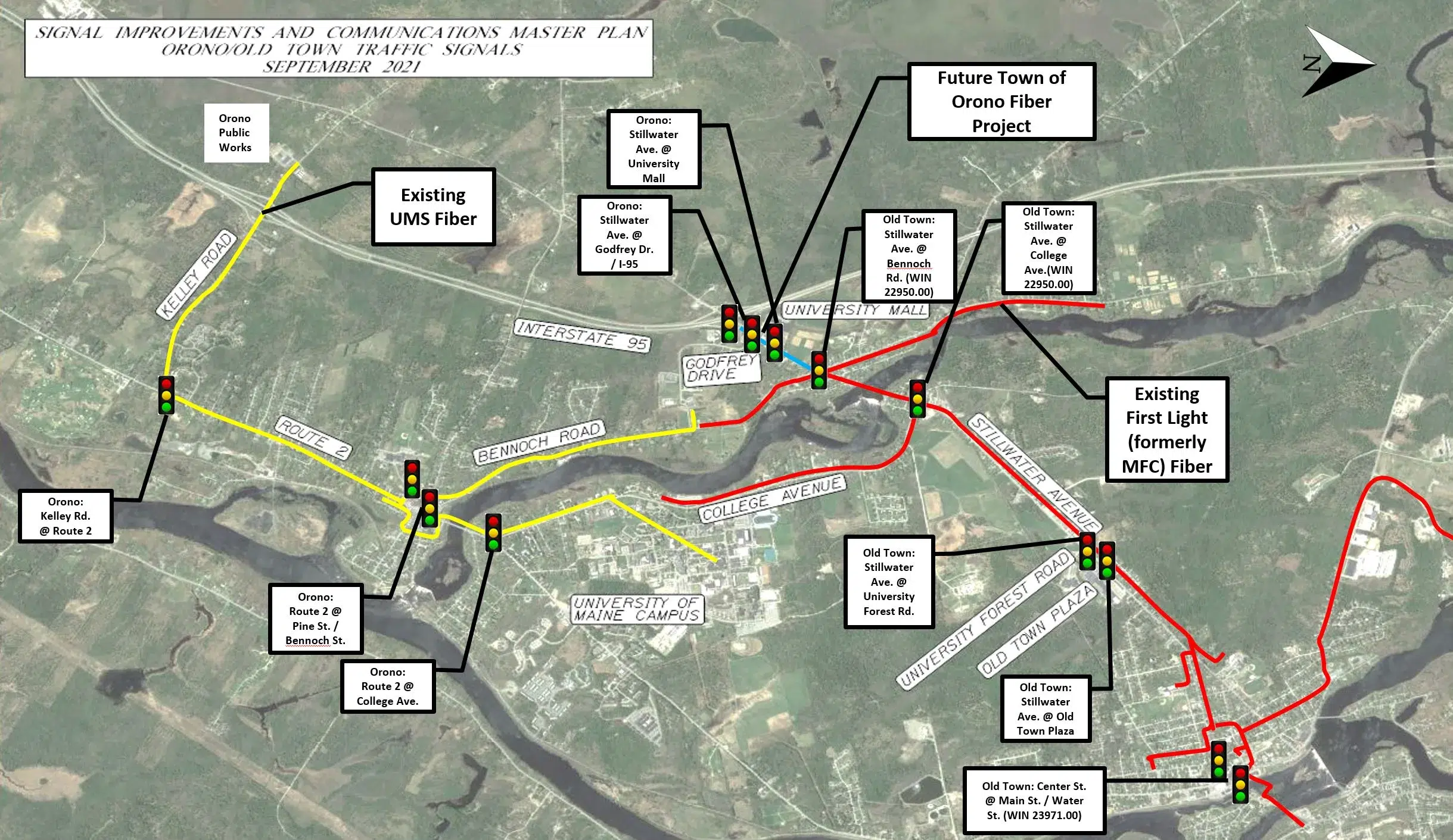 TRAFFIC SIGNAL COORDINATION STUDY AND EVACUATION PLAN – BACTS - Sebago Technics Aerial map showing the Orono Old Town area, with colored lines and icons marking fiber routes, traffic signals, and future communication projects. Text boxes label intersections and project sites.