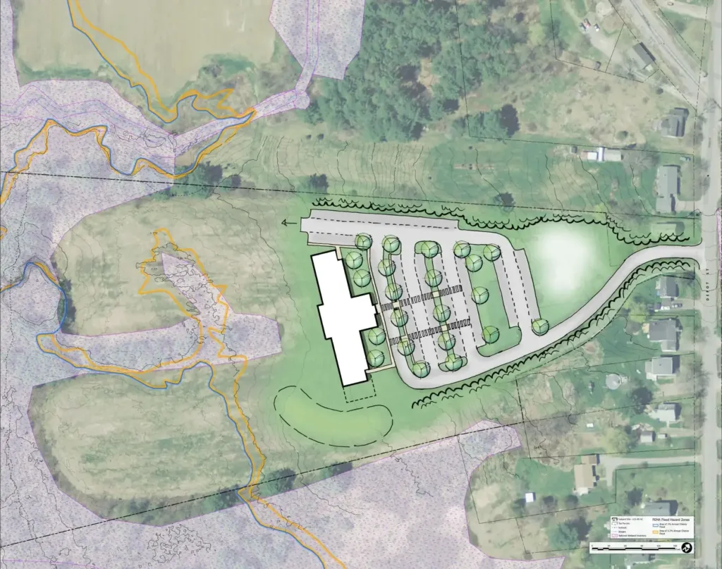 Aerial site plan showing a building with parking lot, driveways, landscaping, and mapped natural features—an example of detailed civil engineering services.