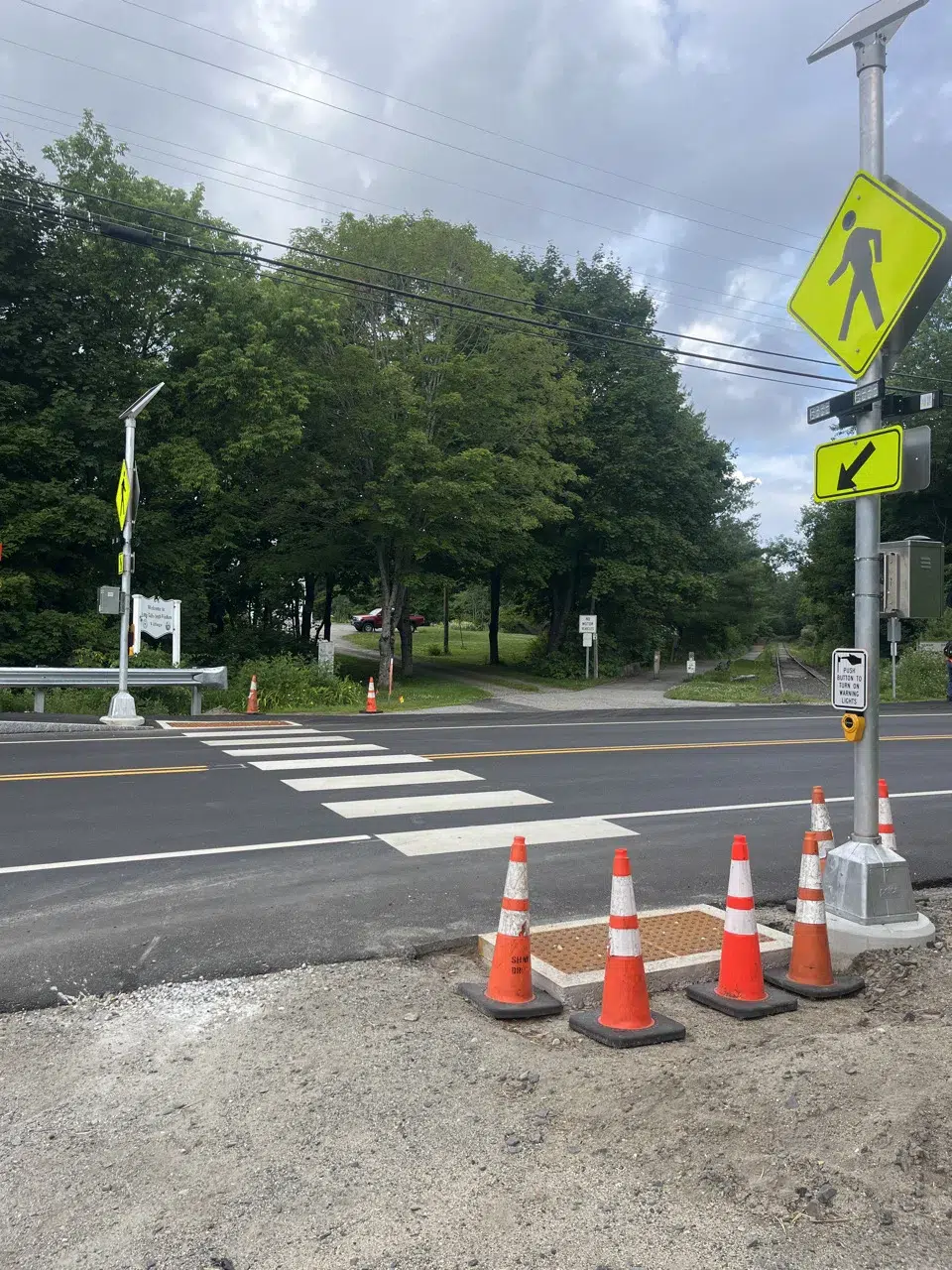 A crosswalk with orange traffic cones, pedestrian crossing signs, and a tree-lined park in the background under a cloudy sky.