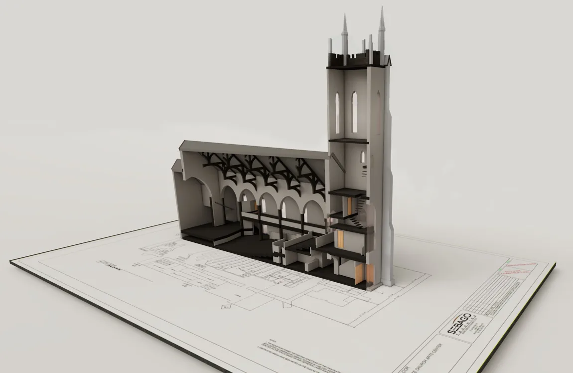 3D architectural model of a church cross-section by a Maine engineering firm, placed on a blueprint, showing exposed interior structure, arches, and tower details.